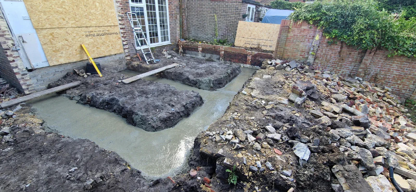Concrete foundations prepared for the rear extension